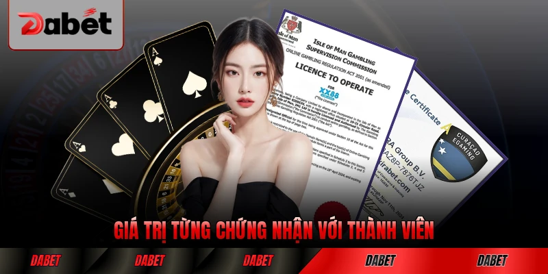 Giá trị từng chứng nhận với thành viên DABET khi đăng ký
